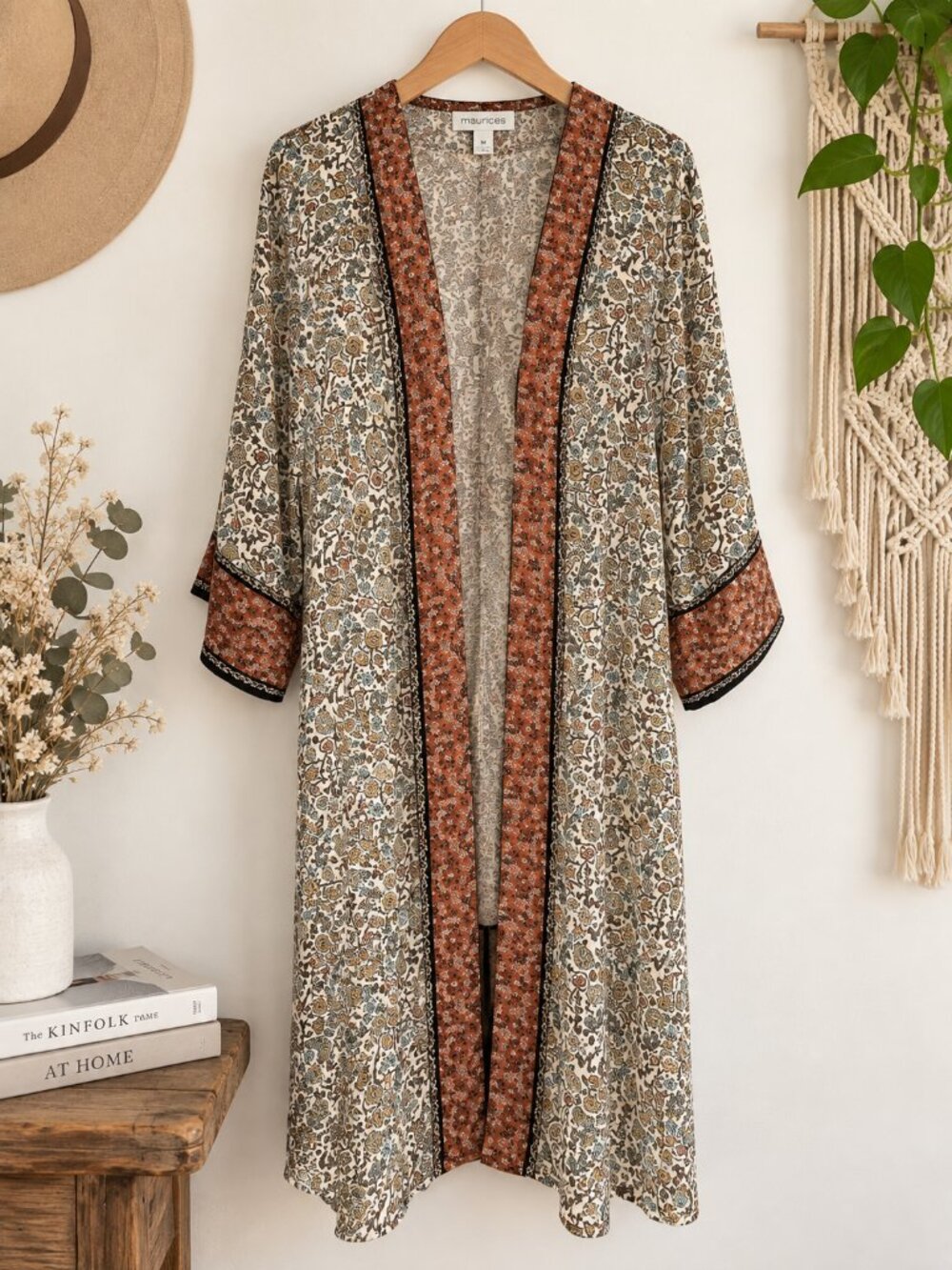 Maurices M Boho Floral Kimono Duster Long Open Front Rust Teal Festival Cardigan